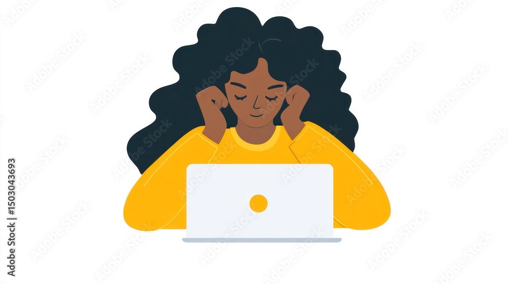 Relaxed woman using laptop, eyes closed, resting hands. Relaxed woman using laptop, eyes closed, resting hands.