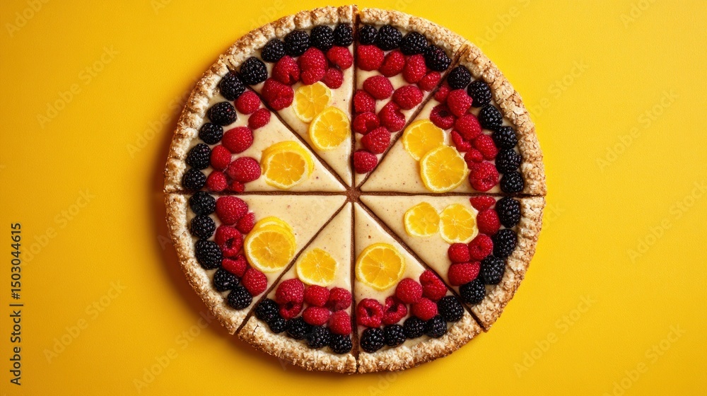 Obraz premium Delicious fruit tart with raspberries, blackberries, and oranges, cut into slices on yellow background.