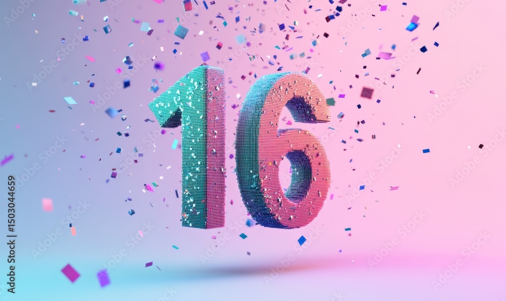 Colorful 16 Number Celebration with Glitter and Confetti Background Colorful 16 Number Celebration with Glitter and Confetti Background