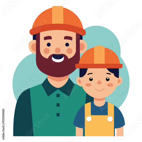 Construction worker father with hard hat and child vector illustration