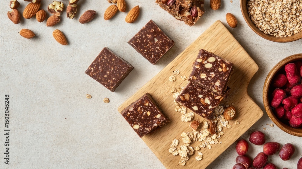 Chocolate nut and oat energy bars on wooden board. Chocolate nut and oat energy bars on wooden board.