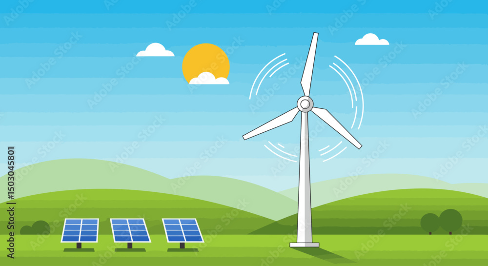 Fototapeta premium Pastel green landscape with wind turbine