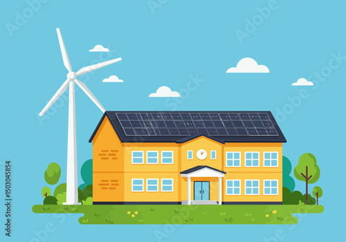 Sustainable house with renewable energy sources illustration