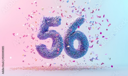 Colorful Number 56 Made of Confetti on Bright Background
