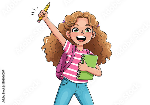 Happy girl with book and pen illustration