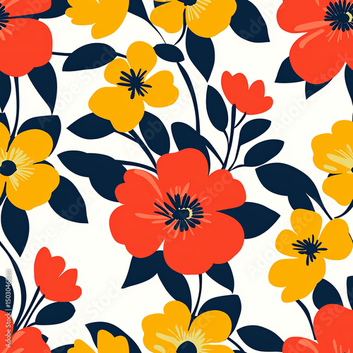 A vibrant seamless floral pattern featuring bright orange and yellow flowers and leaves.