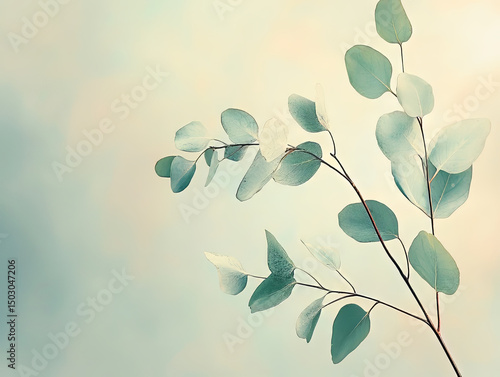 Delicate eucalyptus sprig showcasing round leaves against a soft, pastel background.
