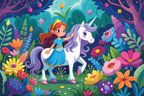 Princess and Unicorn in a Magical Flower Garden
