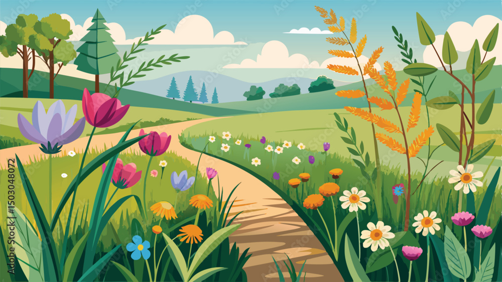 Fototapeta premium Springtime Meadow Path with Colorful Flowers and Trees