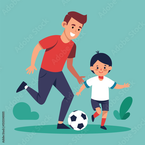 Father playing soccer with his child outdoors vector illustration