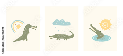Three charming crocodile illustrations showcase vibrant expressions in various playful settings, ideal for a nursery with an African wildlife theme. Perfect for kids' decor.