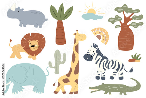  Lively set with friendly African animals like lions, elephants, and giraffes, combined with vibrant plants and a sunny sky, perfect for a nursery or playroom safari theme.