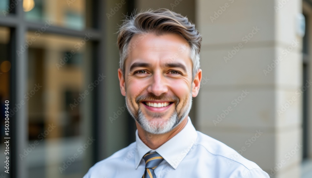 Obraz premium Professional man smiling at urban office business portrait modern environment friendly viewpoint