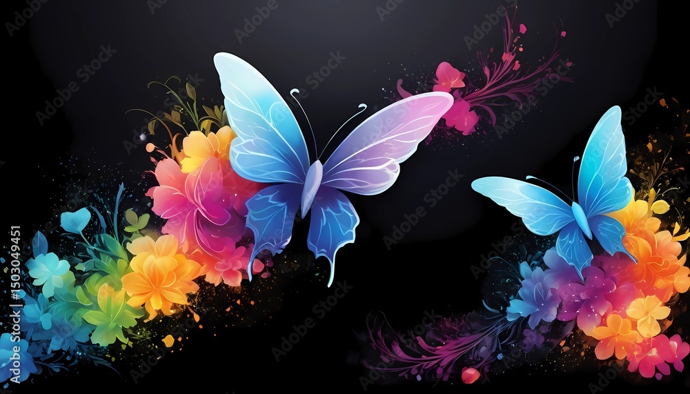Fototapeta premium Delicate butterflies flutter gracefully over a lively backdrop of blooming flowers, creating a harmonious blend of colors and serenity in a stunning artistic display Generative AI