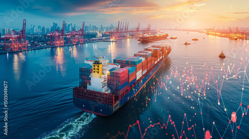 Logistics, container Cargo ship transportation with working crane bridge in deep sea port for import export.