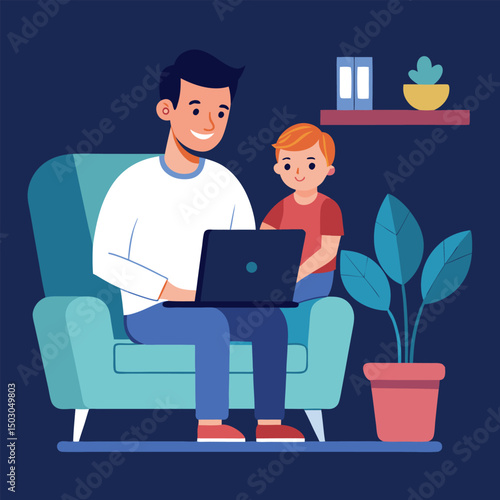 Father working from home with a kid on his lap vector illustration