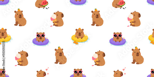 Seamless pattern with cute summer capybaras in various poses and items. Hand drawn cartoon flat style. Vacation seasonal template for design, kids collection