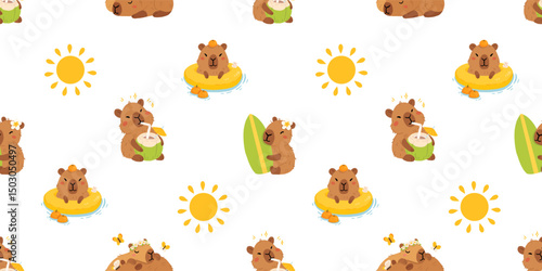 Seamless pattern with cute summer capybaras in various poses and items. Hand drawn cartoon flat style. Vacation seasonal template for design, kids collection