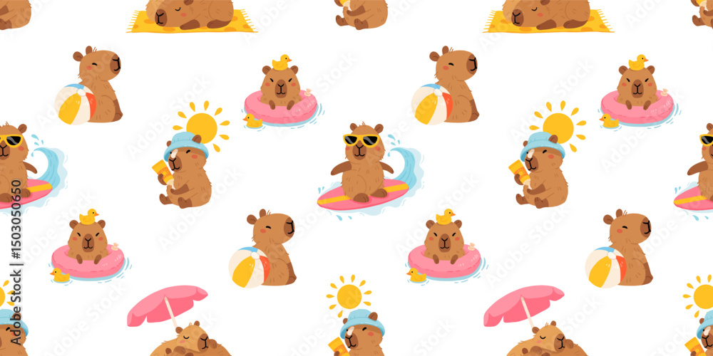 Fototapeta premium Seamless pattern with cute summer capybaras in various poses and items. Hand drawn cartoon flat style. Vacation seasonal template for design, kids collection
