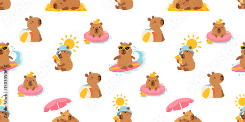 Seamless pattern with cute summer capybaras in various poses and items. Hand drawn cartoon flat style. Vacation seasonal template for design, kids collection