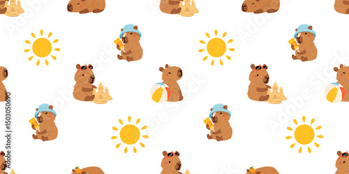 Seamless pattern with cute summer capybaras in various poses and items. Hand drawn cartoon flat style. Vacation seasonal template for design, kids collection