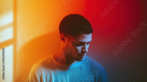 Young man in deep thought, colorful gradient backdrop, soft light. A moment of quiet reflection and introspection.