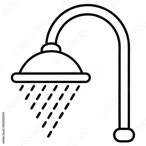 A simple black and white illustration of a showerhead with water droplets streaming down. The showerhead is circular with a curved pipe extending upwards, resembling a standard overhead shower design.