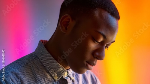 Young man in deep thought, colorful gradient backdrop, soft light. A moment of quiet reflection and introspection.