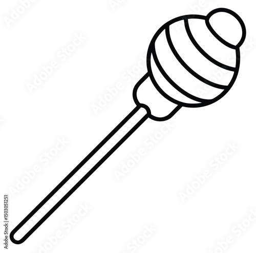 A simple black and white illustration of a lollipop with a striped round candy top and a long handle, angled diagonally from bottom left to top right. The candy top features several horizontal stripes