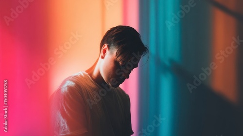 Young man in deep thought, colorful gradient backdrop, soft light. A moment of quiet reflection and introspection.