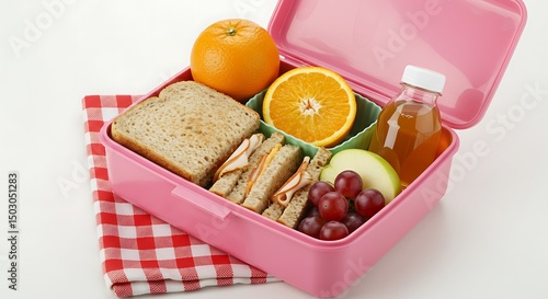 Lancheira escolar com frutas frescas,sanduíche e um frasco de vidro com suco, uma refeição saudável, perfeita para um almoço leve ou lanche.