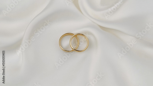Elegant wedding rings on silk fabric background
