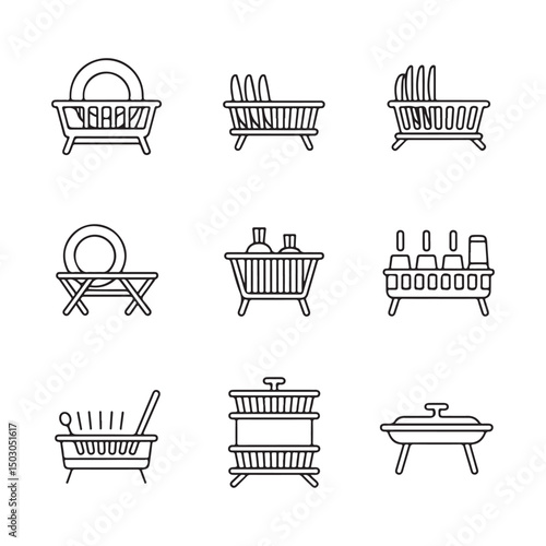 Dish Rack and Kitchen Drying Icons Set. Various Stylish Dish Drying Racks for Kitchen Organization
