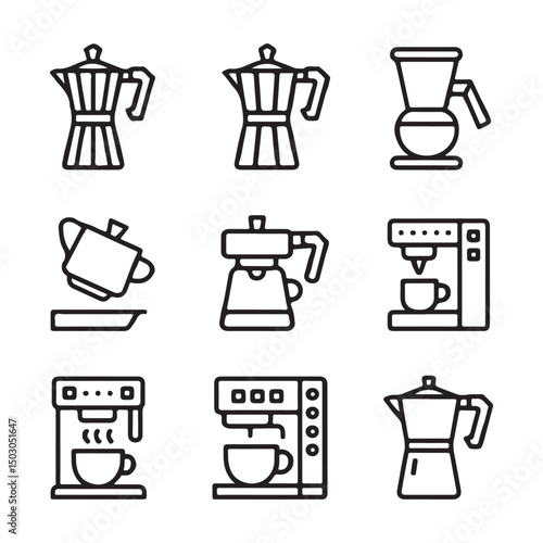 Coffee Maker and Brewing Machine Icons Set. Line Art Collection of Various Coffee Makers
