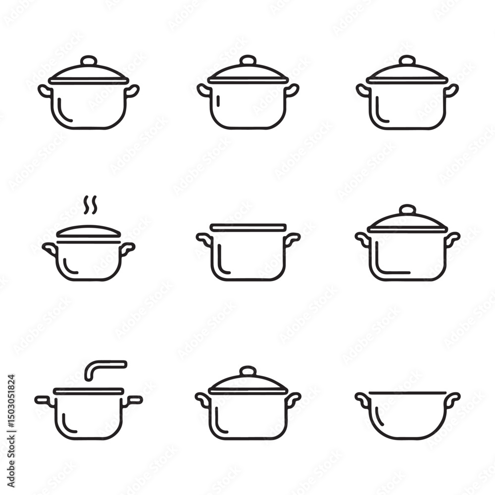 Cooking Pot and Kitchen Cookware Icons Set. Set of Line Art Illustrations of Cooking Pots and Pans
Cooking Pot and Kitchen Cookware Icons Set. Set of Line Art Illustrations of Cooking Pots and Pans