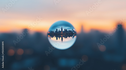 Creative Cityscape Reflections Inside Glass Water Droplets on Gradient Background
