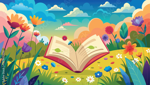 Open Book in a Colorful Flower Field with Cloudy Sky