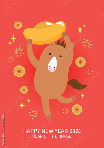 Zodiac horse holding gold sycee ingot with lucky coins background. Chinese new year of the horse 2026 greeting card vector illustration.