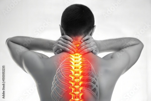 Man's neck highlighted in red, suggesting musculoskeletal distress, pain from spine, and potential injury