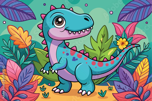 Cute Cartoon Dinosaur in Vibrant Tropical Foliage