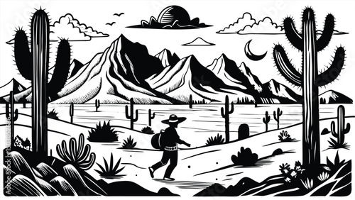 Desert Wanderer Silhouette in Black and White Illustration