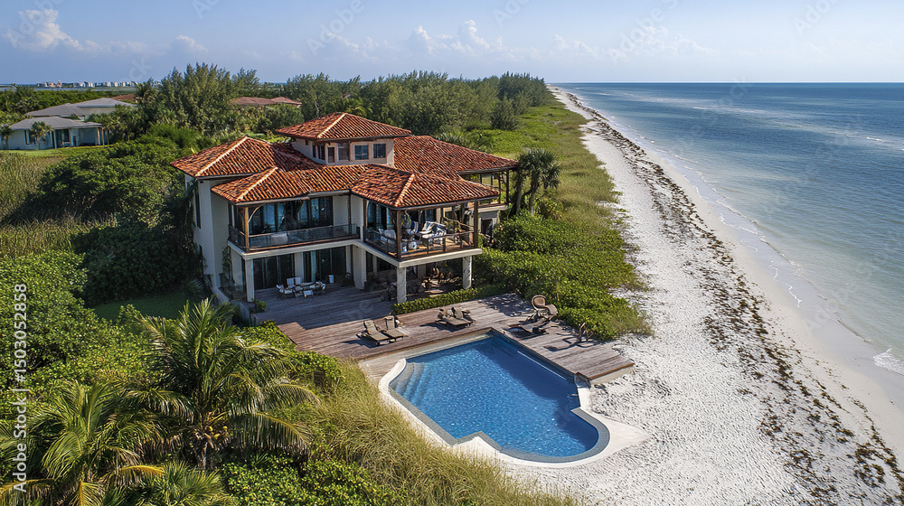 Fototapeta premium Luxurious beach villa with private pool and ocean access, surrounded by lush greenery