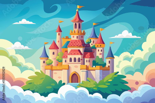 Cartoon Castle in the Sky with Clouds and Trees Illustration