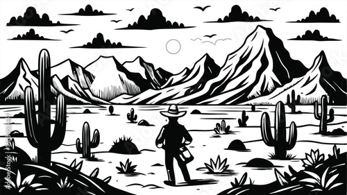 Lone Cowboy Contemplating Majestic Desert Mountain Range