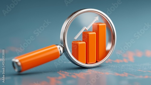 A magnifying glass over an orange bar graph illustrating market growth and analysis.