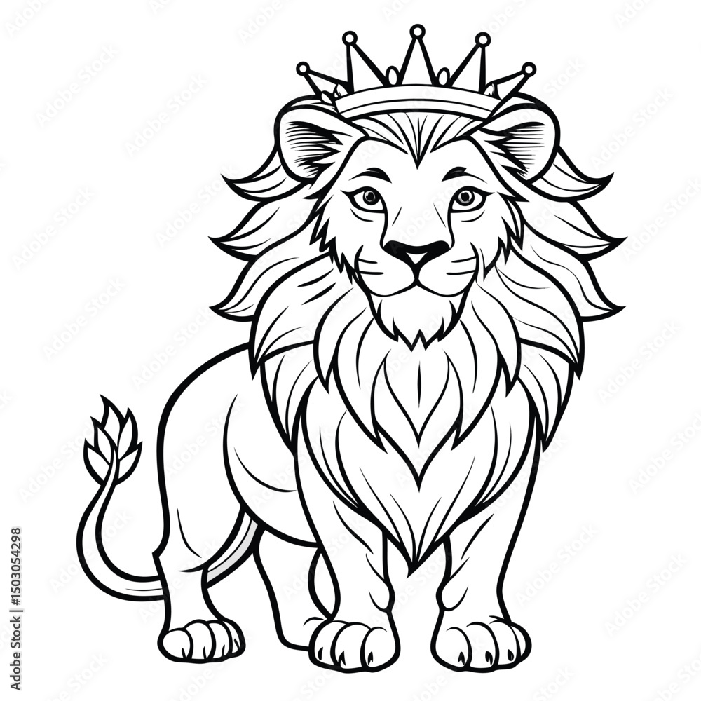 Obraz premium Lion with Crown Outline Illustration for Coloring Book or Design