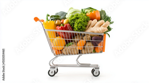 Shopping cart full of fresh vegetables on white background
