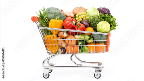Shopping cart full of fresh vegetables on white background
