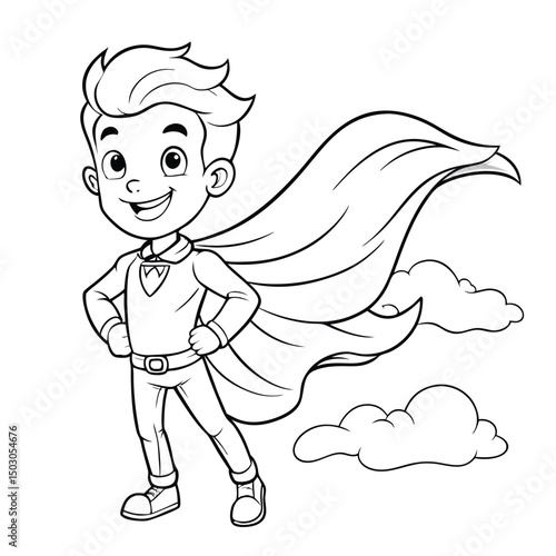 Cartoon Superhero Boy Standing with Cape and Clouds Outline Illustration