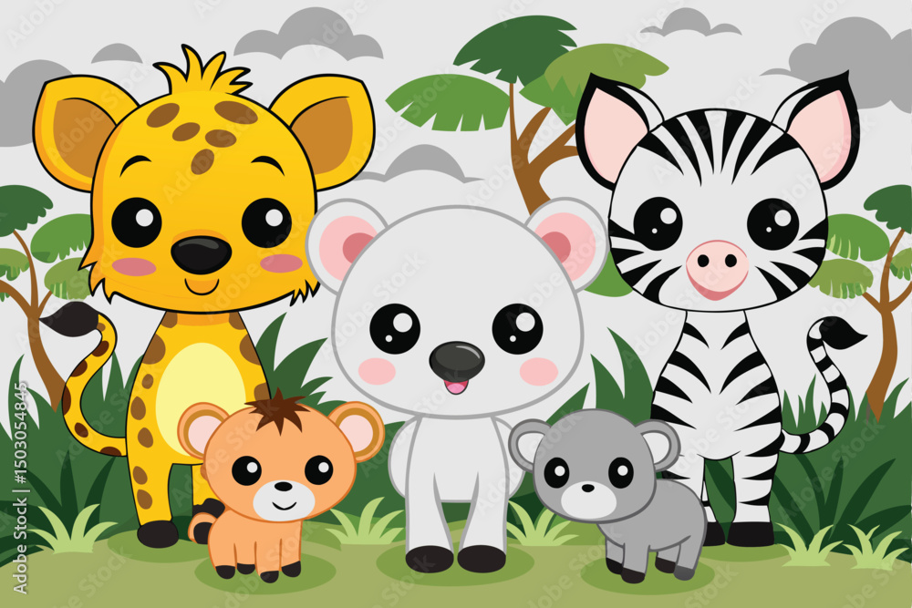 Naklejka premium Cute Cartoon Animals in the Jungle with a Leopard Bear Zebra